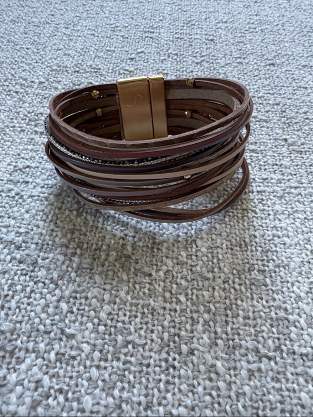 Multi-Strand Brown Leather Wrap Bracelet Gold Magnetic Clasp‎ Layered Boho Cuff